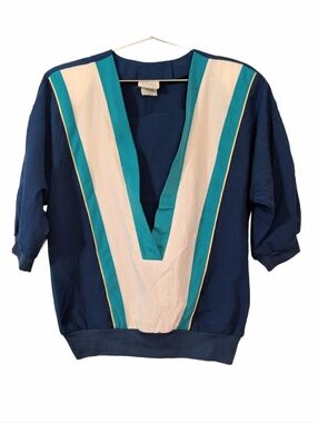 Vintage Navy V-Neck Pullover with Teal and Cream V-Panel